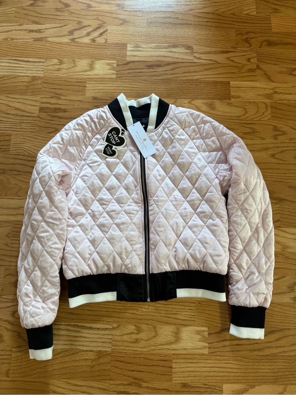 NWT Reversible Light Pink Quilted Bomber Jacket with Black Trim